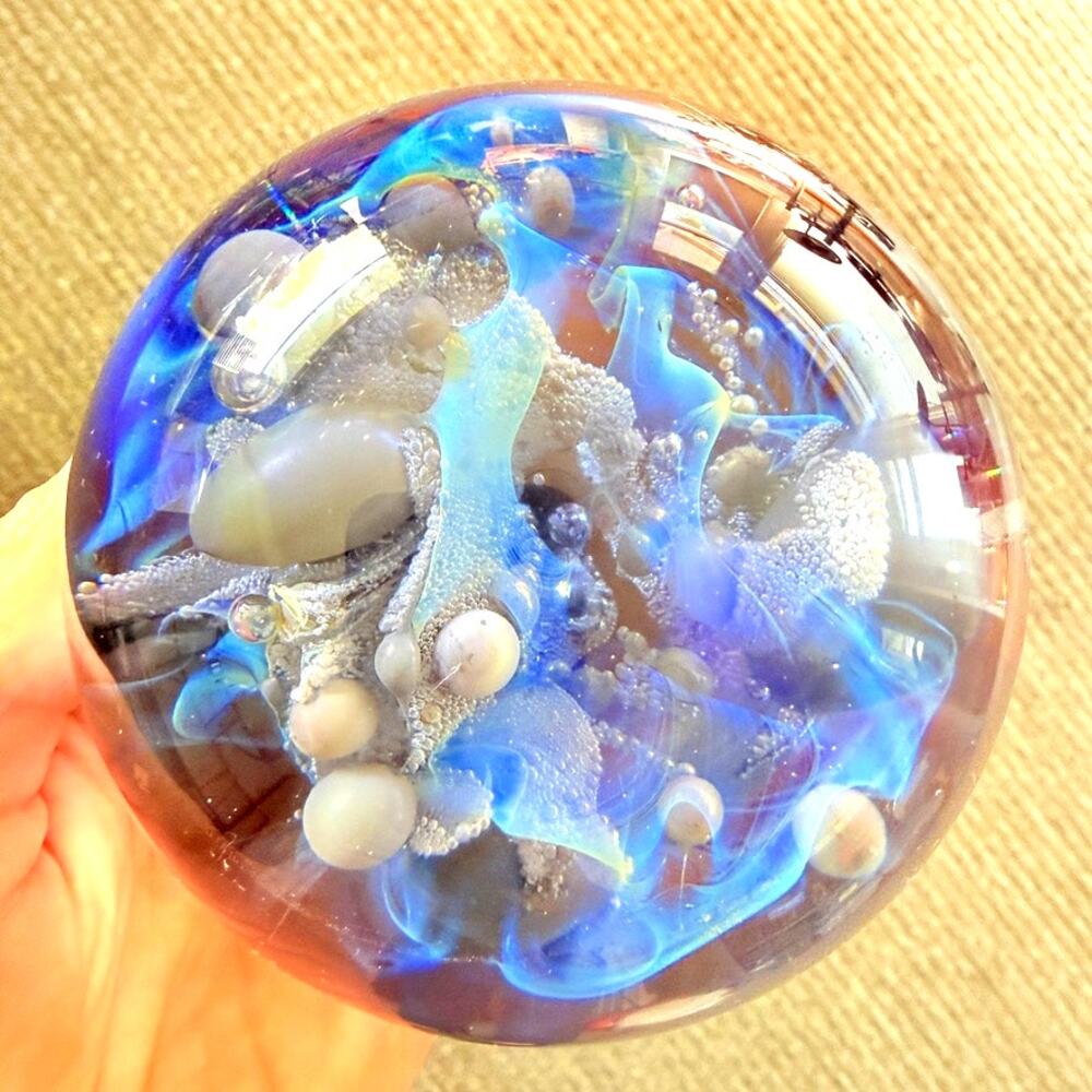 Unsigned Blue Paperweight Sea Ocean Pearl Swirl Bubbles Flora Fauna - Picture 7 of 10